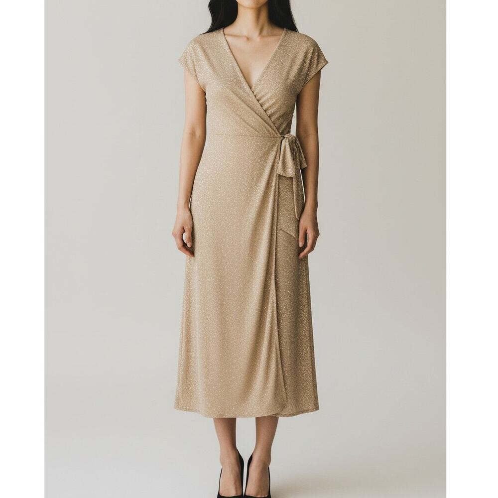 NWT Zara Sparkley Short Sleeve V Neck Knit Wrap Tie Midi Dress S Gold Champagne